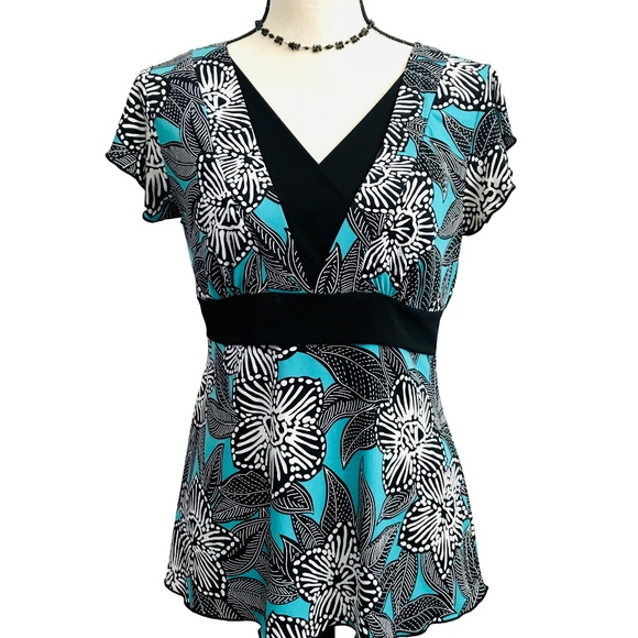 JTB Petite Tops - Petite Turquoise & Black Print Blouse